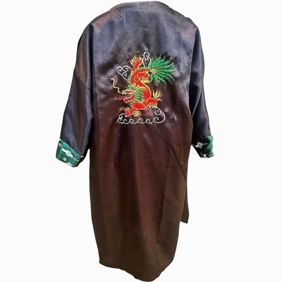 Rose Silk Shiny Reversable  Dragon Green Abstract Boho Retro Robe Size Medium - Picture 1 of 8